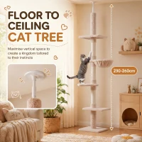 PawHut Floor to Ceiling Cat Tree 230-260cm Height Adjustable, 5-Tier Cat Tower with Scratching Posts, Hammock, Perches, Climbing Activity Centre for Indoor Kittens Playing and Relaxing, Beige(m-4)
