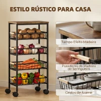 HOMCOM Carrinho Auxiliar com Rodas, 4 Cestos Amovíveis, 15 kg, Estrutura Metálica, para Sala de Jantar, 40x24x81,5 cm, Castanho Rústico(m-6)