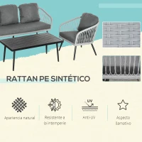 Outsunny Conjunto de Muebles de Ratán y Aluminio Juego de Muebles de Jardín 4 Piezas Mesa de Café Sofá de 3 Plazas y 2 Sillones con Cojines para Terraza Exterior Gris(m-4)