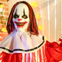 Outsunny 165 cm Life Size Halloween Animated Clown with Red Light Up Eyes, Sound Activated Moving Body, Scary Clown Halloween Decorations, Battery Operated, Indoor Party Props(m-9)