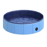 PawHut Hundebadewanne faltbar Hundepool Schwimmbecken Swimmingpool Plantschbecken Badewanne für Hunde & Katzen Wasserbecken aus Kunststoff, Holz Ø80 x H20 cm Blau(m-11)