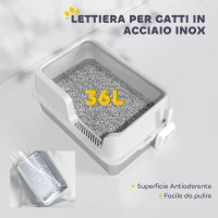 PawHut Lettiera per Gatti con Bordi Rialzati, Vassoio e Paletta, in Acciaio Inox e PP, 60x40x28 cm, Grigio Chiaro(m-5)