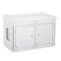 PawHut Wooden Cat Litter Box Enclosure Washroom Toilet Home Cabinet Kitty House Nightstand End Table Magnetic Door Adjustable Partition Board White(m-1)