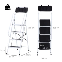 HOMCOM Escabeau pliable 4 marches XL antidérapantes double garde corps hauteur max. 1,55 m charge max. 150 Kg pochette outils intégrée acier blanc noir(m-3)