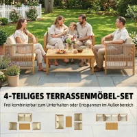 Outsunny Tuinmeubelset Hout Zitgroep voor 4 Personen met 2-zitsbank 2 Fauteuils Tafel Touwdecor Lattenstructuur Wasbare Kussens(m-4)