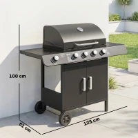 Outsunny Barbacoa de Gas con 4+1 Quemadores 14,4 KW Mesas Laterales Armario de Almacenaje Termómetro y 2 Ruedas Acero Inoxidable BBQ 125x51x100 cm Negro(m-3)