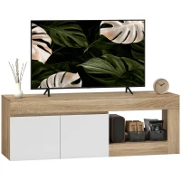 HOMCOM Meuble TV 2 portes pour téléviseurs jusqu'à 60 pouces, meuble télé avec placard et étagère ouverte, effet bois naturel(m-11)