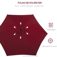 Outsunny Sombrilla de Jardín, Ø260x235 cm, Parasol de Jardín Reclinable con Manivela, Poste Desmontable de Aluminio y 6 Varillas de Metal, para Terraza, Exterior, Balcón, Rojo(m-6)