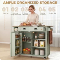 HOMCOM Kitchen Island with Drop Leaf Tabletop Kitchen Island on Wheels Storage Cabinet Shelf Trolley Light Green(m-5)