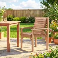 Outsunny Wooden Garden Dining Chair, Outdoor Chair Garden Armchair with Curved Seat and Wide Armrests, Natural Wood Finish(m-2)