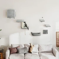 PawHut 6-Piece Cat Wall Shelves Set with Condo, Cat Wall Furniture with Platforms, Sisal Scratching Post, Bed, Toy Ball, Grey(m-10)