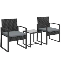 Outsunny Conjunto de Móveis de Exterior de 3 Peças em Vime PE com Cadeiras Mesa de Vidro Temperado e Almofadas Cinza Claro(m-1)