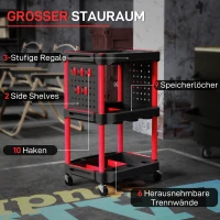 HOMCOM Gereedschapswagen, Drie Niveaus, 4 Wielen, Kunststof, 10 Haken, Zwart+Rood(m-4)