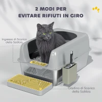 PawHut Lettiera per Gatti con Gradino, Paletta e Box Portaoggetti, in Acciaio Inox e ABS, 60.2x40.6x29 cm, Grigio Chiaro(m-6)