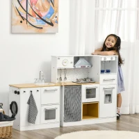 HOMCOM Cozinha Infantil de Madeira Cozinha para Crianças acima de 3 Anos com Luz Sons Máquina de Café Frigorífico Lavatório Branca(m-2)