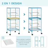 PawHut Grande Cage à Oiseaux sur Pied Double avec Mangeoires Perchoirs Plateau Amovible Roulettes 51,5 x 50 x 140 cm Bleu Clair(m-4)