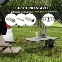 Outsunny Mesa de Campismo Dobrável de Metal com Tampo Enrolável e Bolsa de Transporte Mesa de Piquenique Portátil 95x55x50 cm Marrom Claro(m-5)