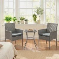 Outsunny 3 Piece Rattan Bistro Set, PE Wicker Garden Furniture Conversation Set with 2 Tier Glass-Top Table, Chairs, Dark Grey(m-9)