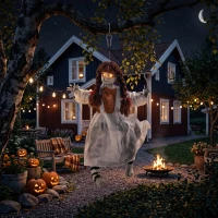 HOMCOM 80 cm Halloween Animated Hanging Creepy Girl on Swing Decoration, Kicking Legs, Sound and Touch Activated(m-14)