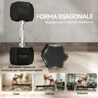 HOMCOM Set di 2 Manubri da 6 kg Esagonali con Presa Antiscivolo e Rivestimento in Gomma, Nero(m-6)