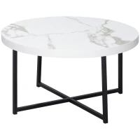 HOMCOM Mesa de Centro Mesa de Salón Redonda con Encimera Símil Mármol y Marco de Metal Estilo Moderno 80x80x45 cm Blanco(m-12)
