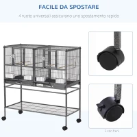 PawHut Doppia Gabbia per Uccelli in Metallo di Alta Qualità con Vassoi Estraibili, Supporto Stabile con 4 Ruote e Ripiano, 95x45.5x102cm, Nero Grigio(m-6)