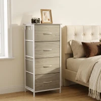 HOMCOM Chest of Drawers, Dresser with 4 Fabric Drawers, Tall Storage Unit with 4 Pockets and 2 Hooks, Steel Frame, Natural Wood(m-2)
