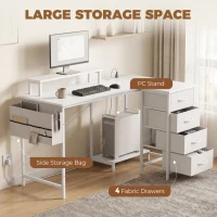 HOMCOM L Shaped Gaming Desk Reversible Power Outlets Corner Desk Storage Drawers Monitor Shelf 150 cm White(m-4)