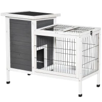 PawHut Clapier sur pieds cage à lapin avec niche intérieure plateau excrément coulissant porte supérieure 92L x 51l x 76H cm gris blanc(m-12)