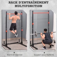 HOMCOM Squat Rack Réglable 32 Niveaux en Acier, Crochet, Barre de Traction, Base Antidérapante, 117,5x122x226cm, Noir(m-4)