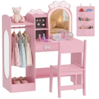 AIYAPLAY Kids Dressing Table, 3-in-1 Girls Vanity Set with Stool, 2-Colour Lights Mirror, Clothes Rack for Ages 3-8, Pink(m-14)