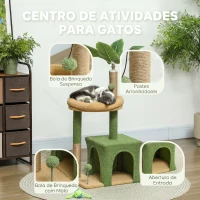 PawHut Árvore Arranhadora para Gatos 98 cm com Folhas Artificiais, Toca, Cama, Postes em Juta e 2 Bolas, Verde(m-6)