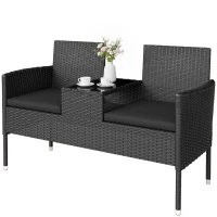Outsunny Divanetto per Esterni 2 Posti con Tavolino da Caffè, in Acciaio e Rattan PE, 137x59x82 cm, Nero(m-11)
