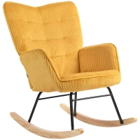 HOMCOM Vintage schommelstoel, gebogen sledes, dikke vulling, beukenhout & staal, geel(m-11)