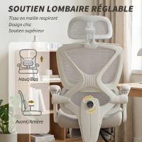 HOMCOM Chaise Bureau Ergonomique avec Appui-Tête Réglable, Fauteuil de Bureau Inclinable en Maille, Dossier Séparé, Gris(m-5)