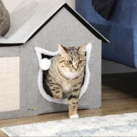 PawHut Casa para Gatos com Almofada para Arranhar almofada Macia e Bola Suspensa 65x41x45,5 cm Cinza(m-7)