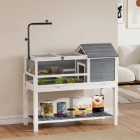 PawHut Casa para Tartarugas de Madeira Terrário para Répteis com Suporte para Lâmpada Ajustável Bandeja Removível 124x55x109 cm Branco e Cinza(m-10)