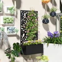 Outsunny Floreira Elevada com Painel de Privacidade de Folhas Decorativas de Metal e Opção de Montagem na Parede 61x23x113 cm Preto(m-7)