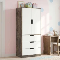 HOMCOM Modern Clothes Storage Cupboard Unit, 3 Drawer 2 Door Wardrobe with Hanging Rod, Rustic Brown(m-8)