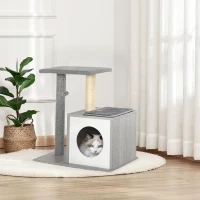 PawHut Albero Tiragraffi Multilivello per Gatti e Gattini con Cuccia e Colonna in Corda Sisal, Grigio, 59 x 39 x 62cm(m-10)