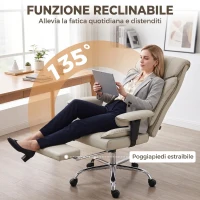 HOMCOM Sedia Ufficio Girevole Reclinabile 135° Finta Pelle, Poggiapiedi, Braccioli e Altezza Regolabili, Grigio Chiaro(m-7)