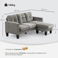 HOMCOM Sofá Chaise Longue Sofá em Forma de L Estofado em Poliéster Sofá de Canto Reversível 186x130x84 cm Marrom Acizentado(m-3)