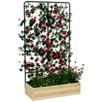 Outsunny Houten verhoogde plantenbak met klimrek, voering van vliesstof, natuurlijk hout, staal, 80x38x145 cm, zwart(m-11)