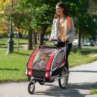 HOMCOM Remolque para Bicicleta con Barra de Paseo para Niños de 2 Plazas con Rueda Delantera Giratoria 360° y Asiento Acolchado Carga Máx. 40 kg Rojo(m-10)