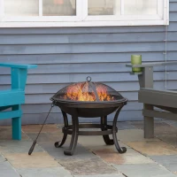 Outsunny Outdoor Fire Pit, Firepit with Mesh Lid, Poker, for Camping, Bonfire, Picnic, Black(m-10)