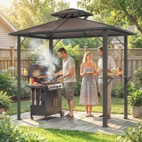 Outsunny Grillpavillon 2,5 x 1,5 m, Wasserdicht Grillüberdachung mit Doppeldach aus Polycarbonat Seitenablage Braun(m-2)