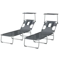 Outsunny Conjunto de 2 Espreguiçadeiras Dobráveis com Dossel 360° Encosto 5 Posições Orifício Facial 188x56x27 cm Cinza Escuro(m-11)