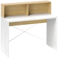 HOMCOM Secretária 110x50x102,6 cm Mesa de Escritório com 2 Compartimentos Abertos e Prateleira Branco e Madeira(m-1)