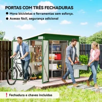 Outsunny Abrigo de Jardim Exterior 2,7 m² 234x132x185 cm com Três Portas Fechadura e Grelhas de Ventilação Verde(m-4)