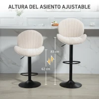 HOMCOM Juego de 2 Taburetes de Bar Giratorios con Altura Ajustable 62-83 cm Tapizada en Chenilla Respaldo y Reposapiés Beige(m-5)